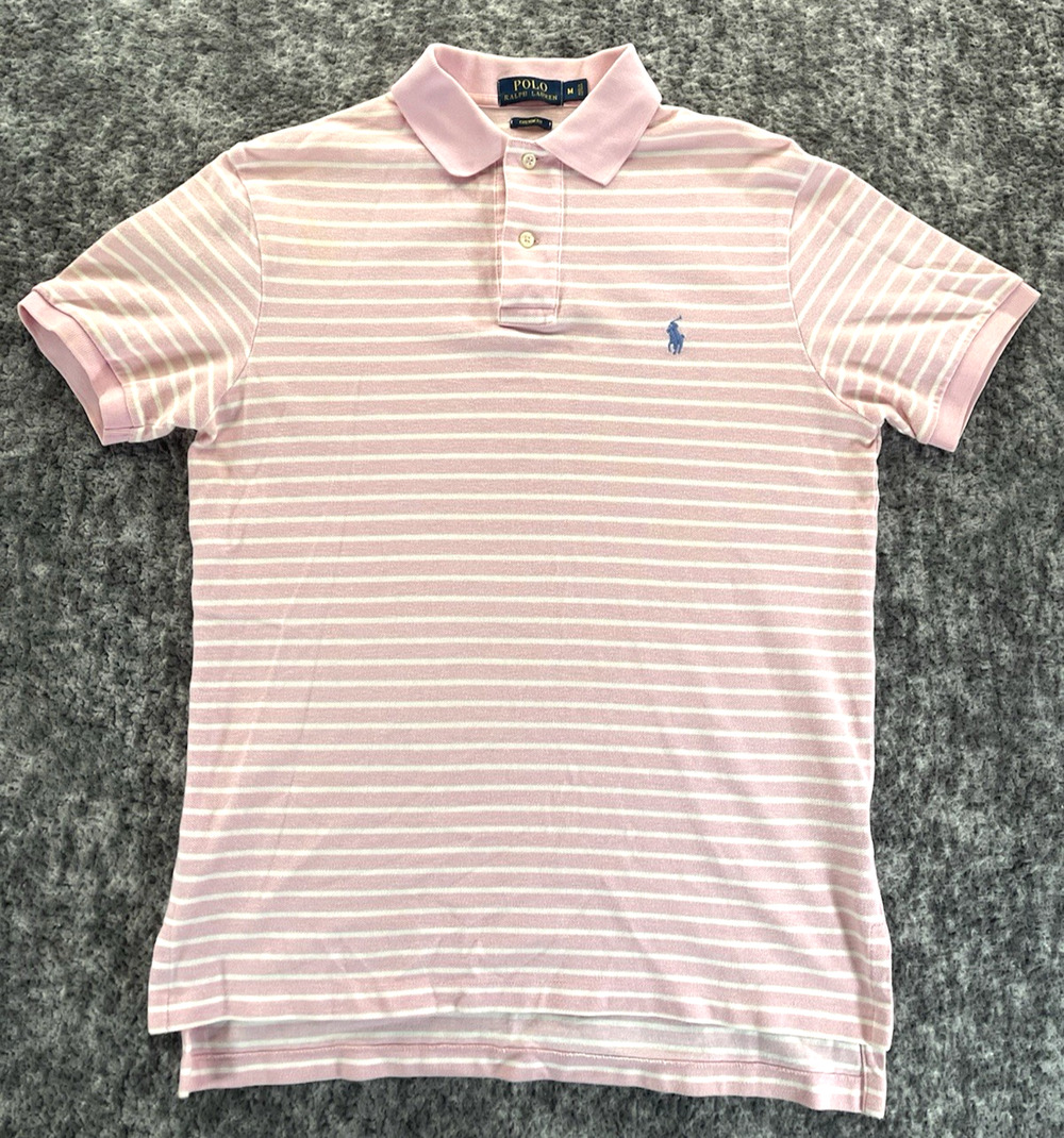 Polo Ralph Lauren Custom Fit Striped Polo Shirt Size M Pink White Short Sleeve